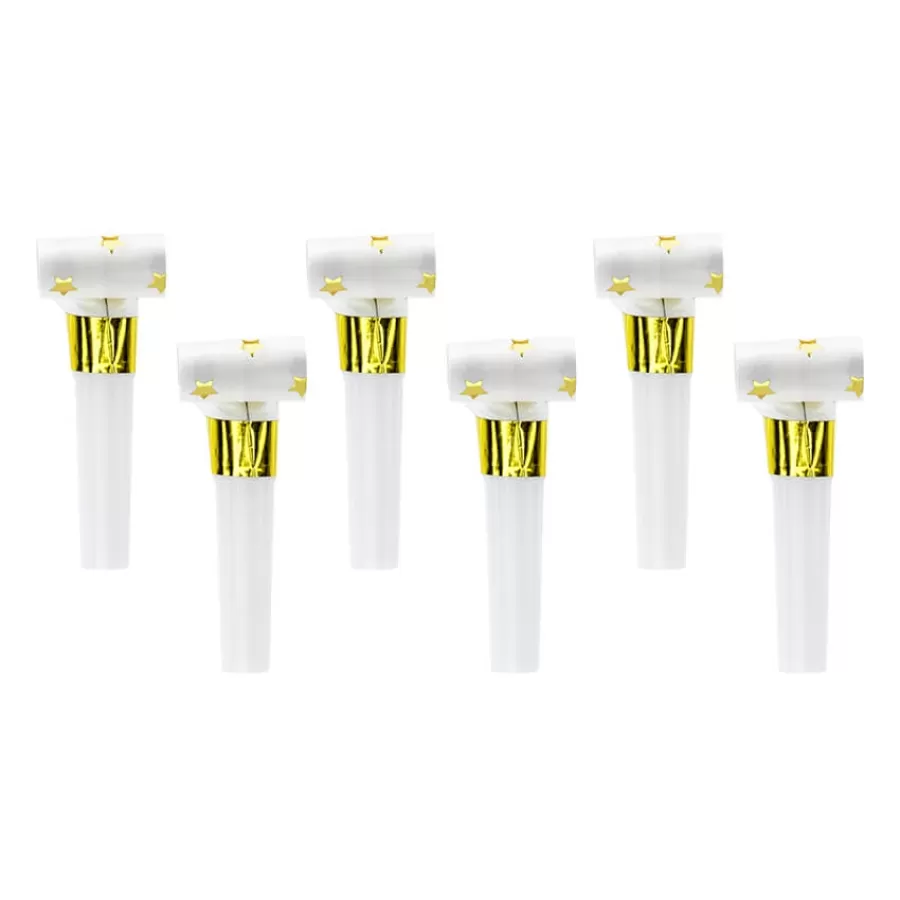 Σφυρίχτρες φρου φρου λευκές με χρυσά αστεράκια - 6 τμχ.