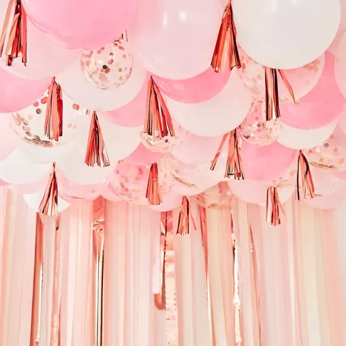 Σετ μπαλόνια για τη διακόσμηση του ταβανιού ροζ/λευκά/διάφανα με rose gold κονφετί