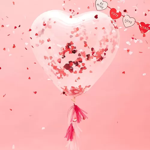 Μπαλόνι καρδιά διάφανο με κονφετί καρδούλες & φουντίτσες
