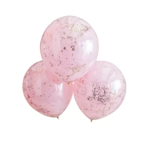 Μπαλόνια διπλά διάφανα & ροζ με rose gold κονφετί 45εκ. - 3τμχ.