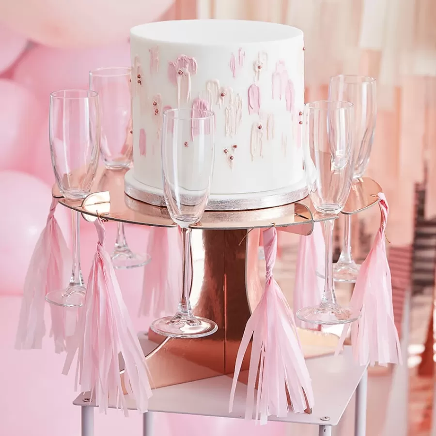 Βάση για τούρτα & ποτήρια σαμπάνιας rose gold με ροζ φουντίτσες
