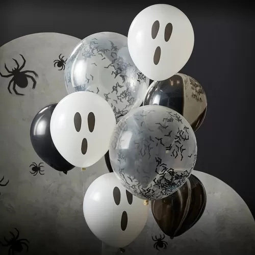 Σετ μπαλόνια Halloween φαντάσματα, διάφανα με νυχτερίδες & μαύρα marble - 9τμχ.