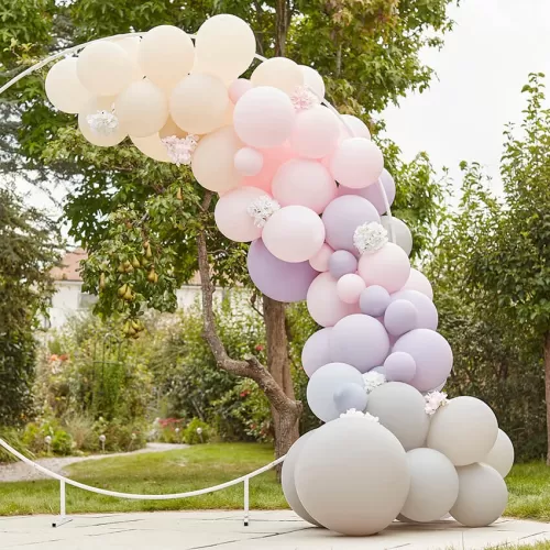 Σύνθεση από μπαλόνια ροζ/λιλά/γκρι/nude με ορτανσίες - 75τμχ.