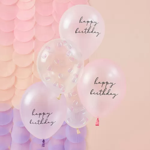 Μπαλόνια ροζ, λιλά & διάφανα με κονφετί αχιβάδες - 5τμχ.
