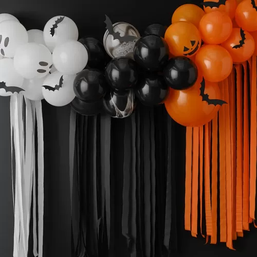 Σύνθεση από μπαλόνια Halloween πορτοκαλί/μαύρα/λευκά, χάρτινες νυχτερίδες & κορδέλες κρεπ