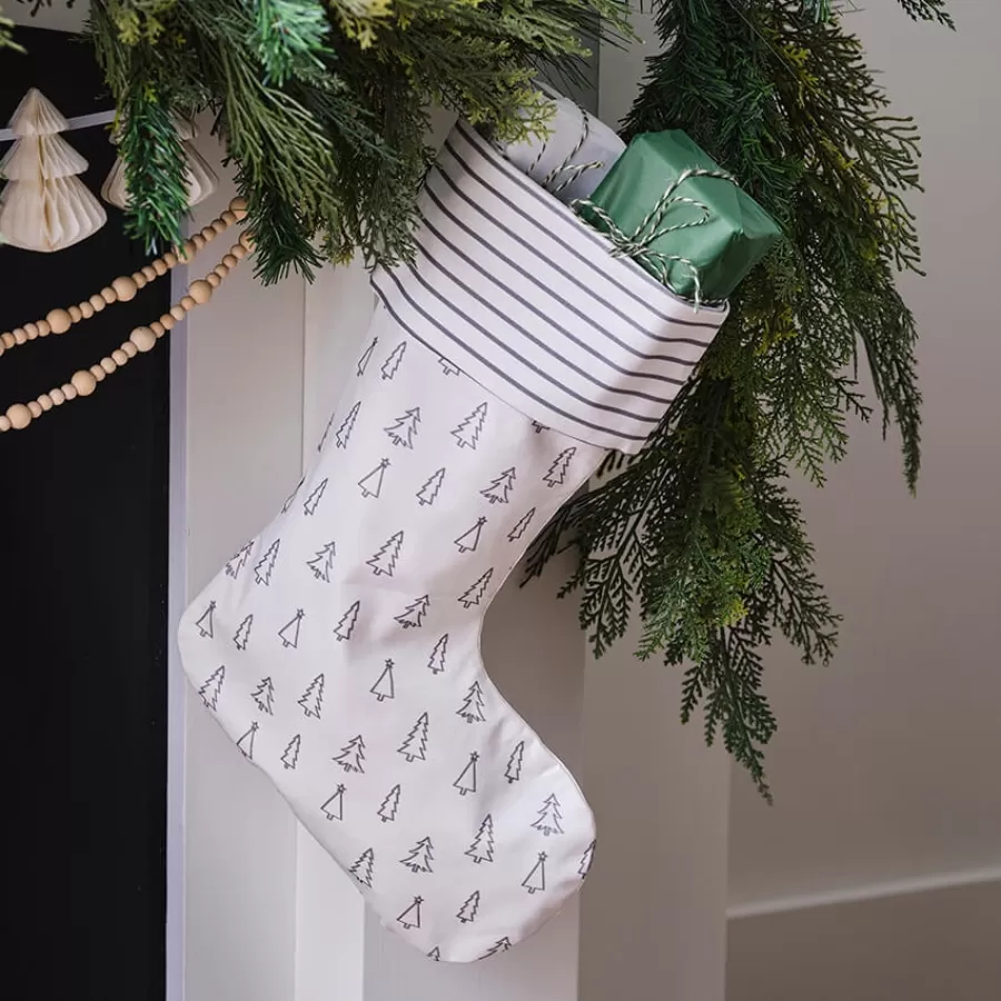 Χριστουγεννιάτικη κάλτσα λευκή με γκρι έλατα & ρίγες