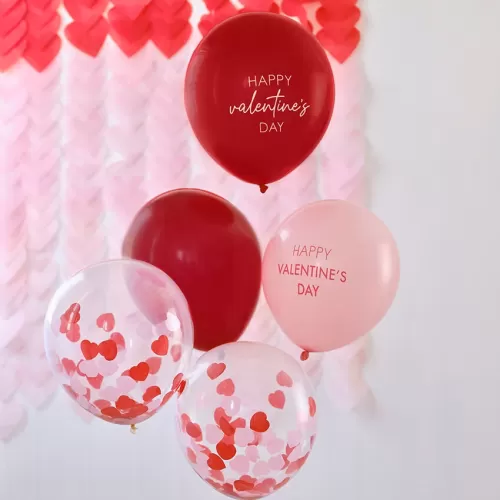 Σετ μπαλόνια κόκκινα, ροζ & διάφανα με κονφετί καρδούλες 