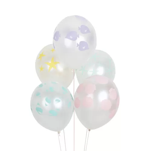 Μπαλόνια λευκά περλέ με αστερίες, κοχύλια, αχιβάδες & ψαράκια παστέλ - 5τμχ.