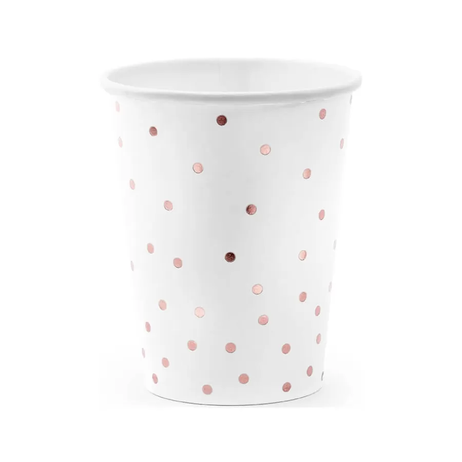 Χάρτινα ποτήρια λευκά με rose gold πουά - 6τμχ. Χάρτινα ποτήρια λευκά με rose gold πουά - 6τμχ.