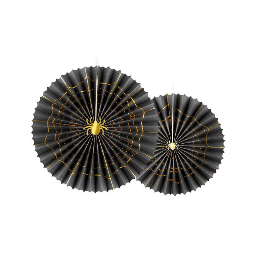 Χάρτινες βεντάλιες μαύρες με χρυσό ιστό αράχνης - 2τμχ.