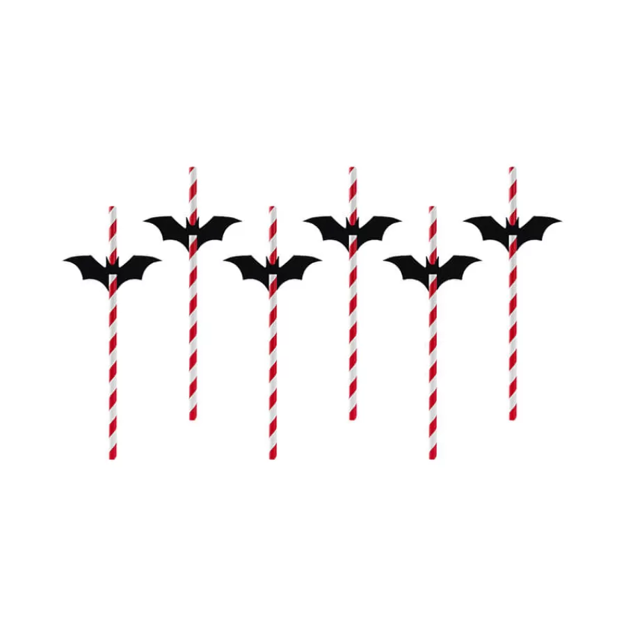 Χάρτινα καλαμάκια ριγέ κόκκινα με νυχτερίδες μαύρες - 6τμχ.