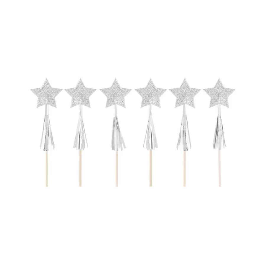 Διακόσμηση τούρτας - Αστεράκια ασημί - 6τμχ.