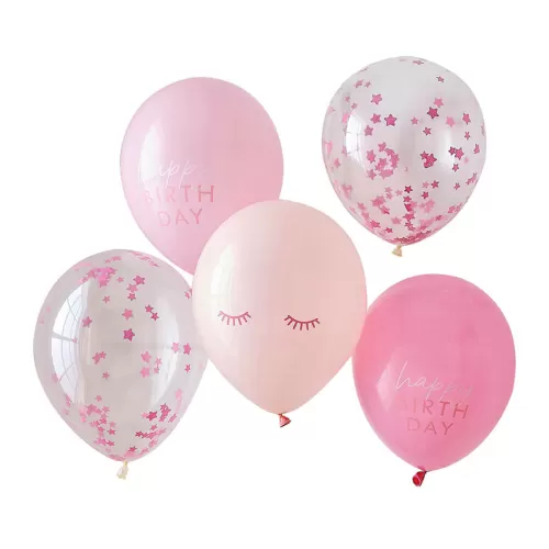 Μπαλόνια ροζ & διάφανα με κονφετί Pamper Party - 5τμχ.
