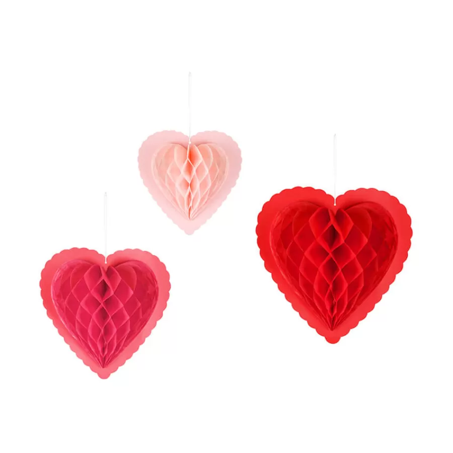Καρδιές honeycomb διακοσμητικές ροζ/φούξια/κόκκινη - 3τμχ.