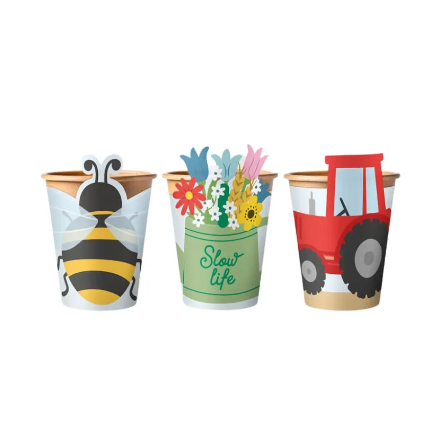 Χάρτινα ποτήρια kraft Τρακτέρ/ Μελισσούλα/ Ποτιστήρι με λουλούδια - 6τμχ.