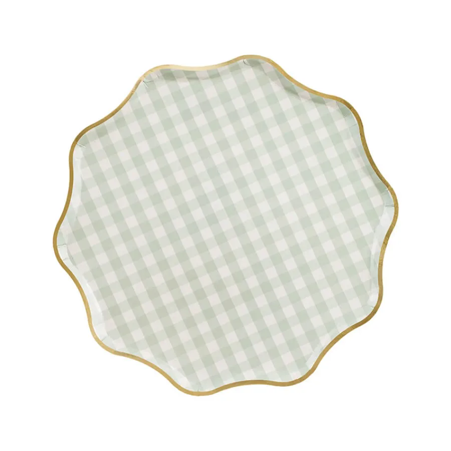 Χάρτινα πιάτα καρό φυστικί με χρυσή μπορντούρα - 6τμχ.