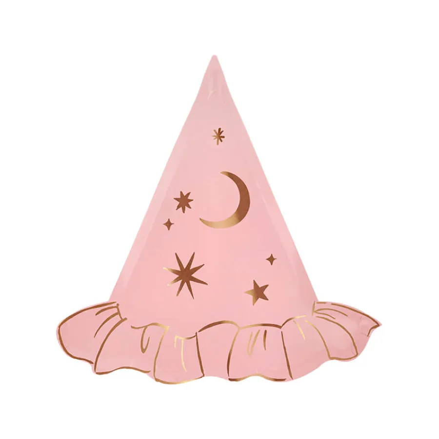 Χάρτινα πιάτα Καπέλο Μάγισσας ροζ με αστεράκια & μισοφέγγαρα - 8τμχ.