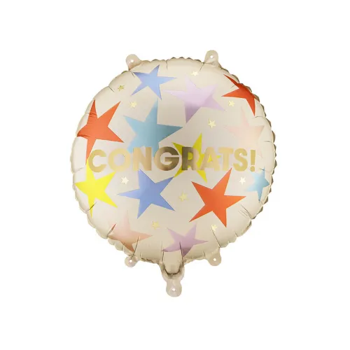 Μπαλόνι foil στρογγυλό ''Congrats'' μπεζ με πολύχρωμα αστέρια