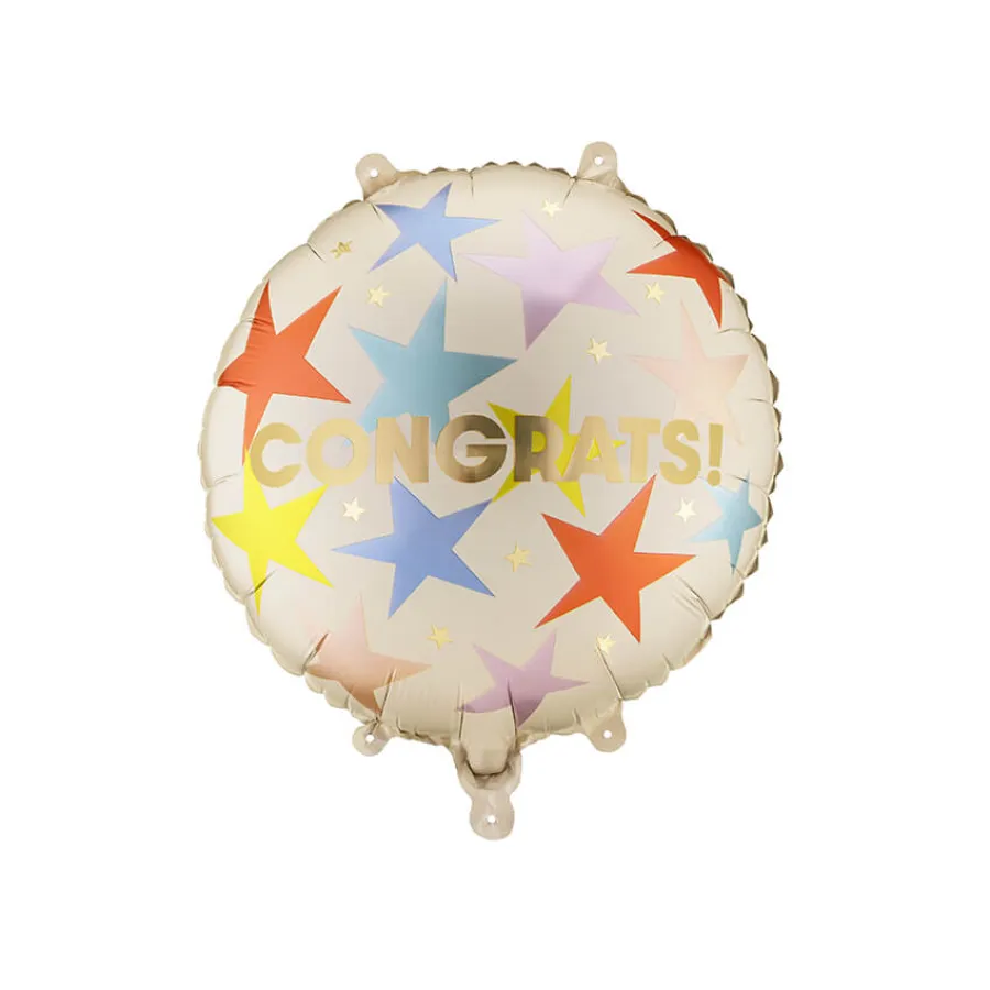 Μπαλόνι foil στρογγυλό ''Congrats'' μπεζ με πολύχρωμα αστέρια