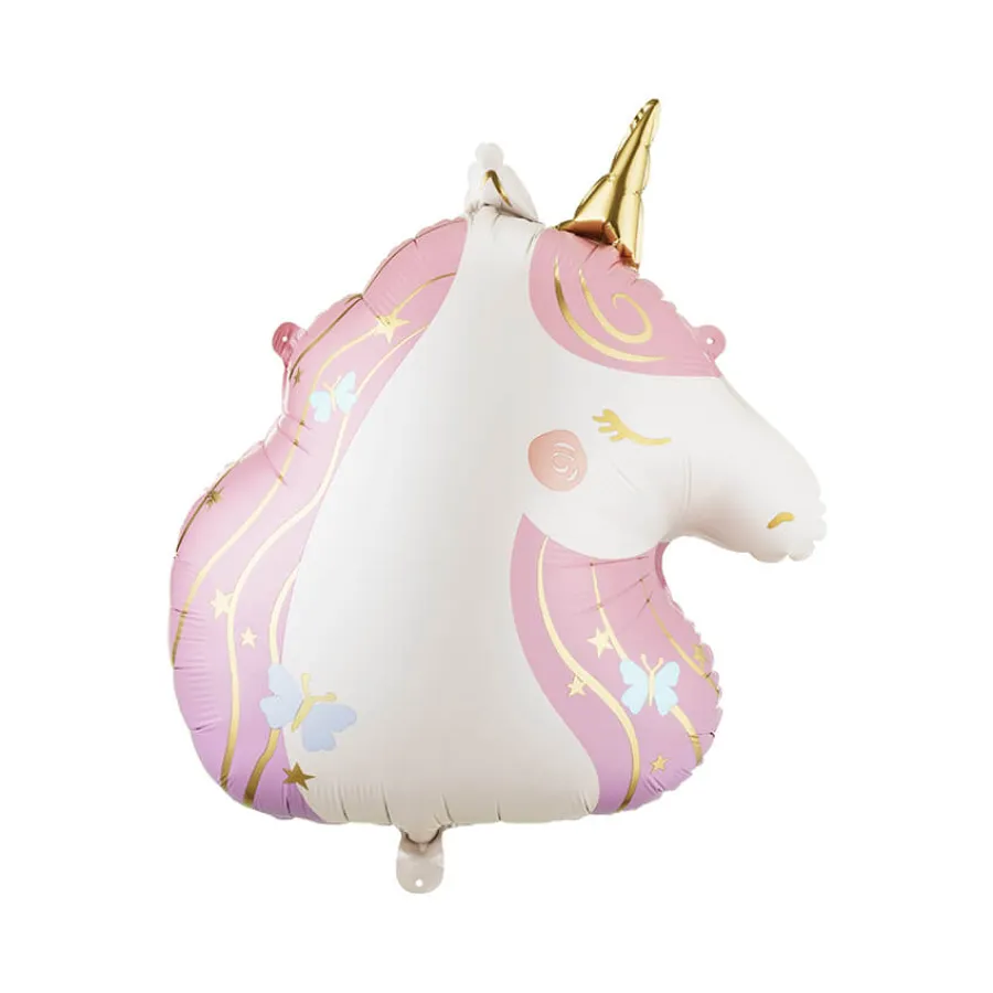 Μπαλόνι foil κεφάλι Μονόκερου με ροζ χαίτη & πεταλούδες