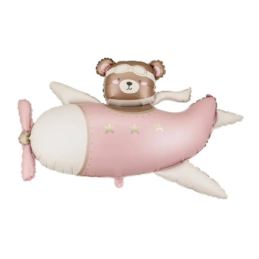 Μπαλόνι foil Αρκουδάκι σε αεροπλάνο ροζ παστέλ