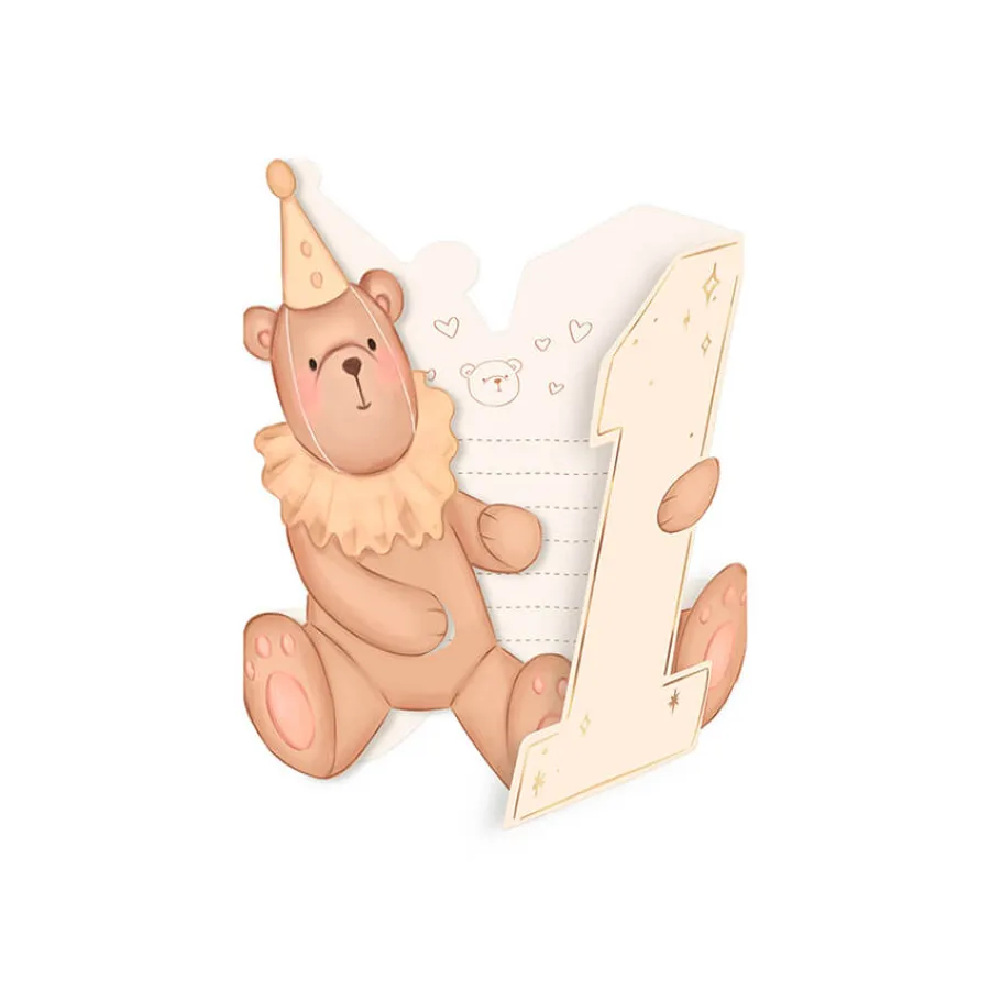 Προσκλήσεις για πάρτυ - Αρκουδάκι με τον Αριθμό 1 - 6τμχ.