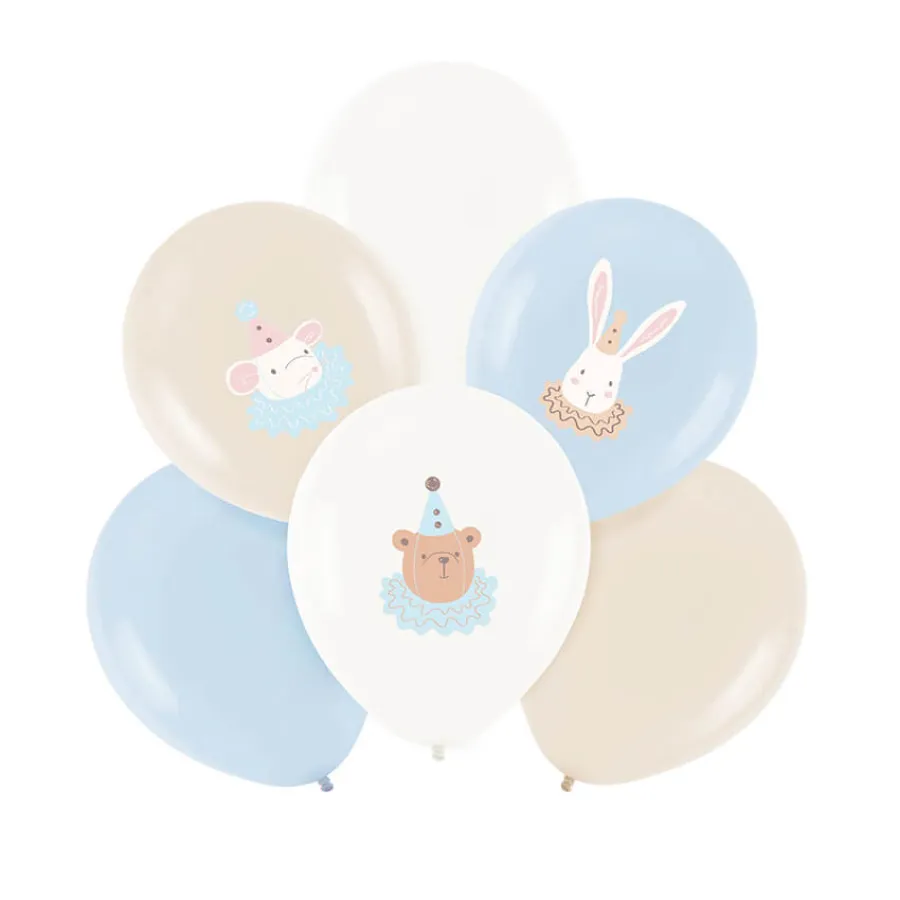 Μπαλόνια latex σιέλ/λευκά/nude με ποντικάκι, κουνελάκι & αρκουδάκι - 6τμχ.