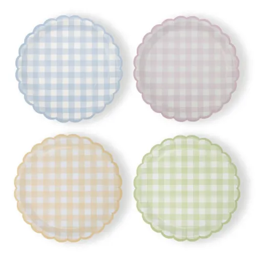 Χάρτινα πιάτα καρό ροζ/σιέλ/κίτρινα/λαχανί - 8τμχ.