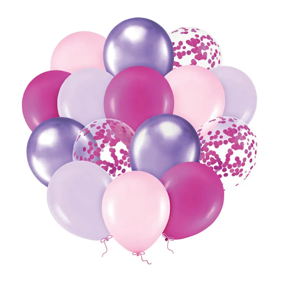 Σετ μπαλόνια latex ροζ/φούξια/λιλά/μοβ/διάφανα με κονφετί - 15τμχ.