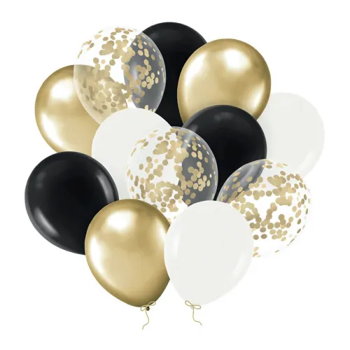 Σετ μπαλόνια latex μαύρα/λευκά/χρυσά/διάφανα με κονφετί - 12τμχ.