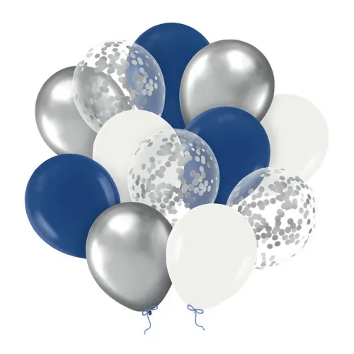 Σετ μπαλόνια latex ασημί/λευκά/μπλε σκούρο/διάφανα με κονφετί - 12τμχ.