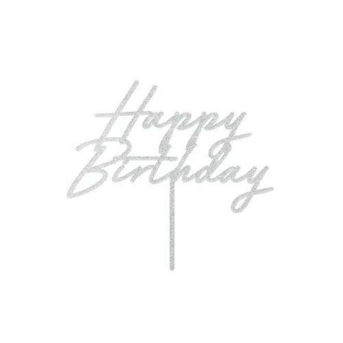 Διακοσμητικό για τούρτα ''Happy Birthday'' ακρυλικό ασημί με γκλίτερ