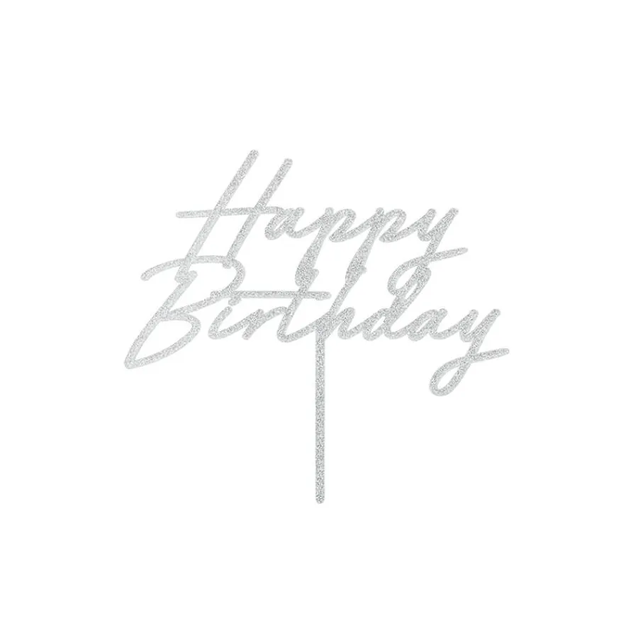 Διακοσμητικό για τούρτα ''Happy Birthday'' ακρυλικό ασημί με γκλίτερ